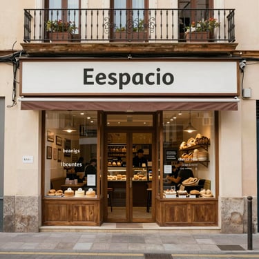 A friendly shop owner smiling in front of a newly designed storefront with a bright website displayed on a tablet.