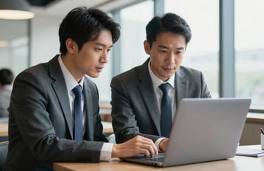 A candid shot of two business colleagues in professional attire discussing a project over a laptop in a bright lounge, North American / International setting.