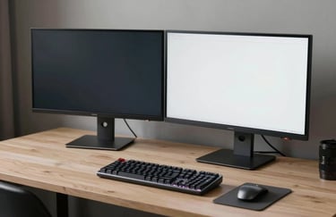Photography of a modern minimalist workstation in the US, featuring dual monitors and a sleek mechanical keyboard, professional and organized.