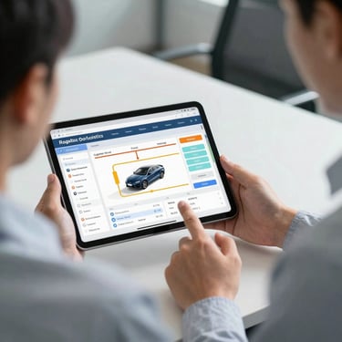 A logistics manager in a professional office setting in North America, pointing at a digital tablet showing a logistics workflow and fleet management dashboard.