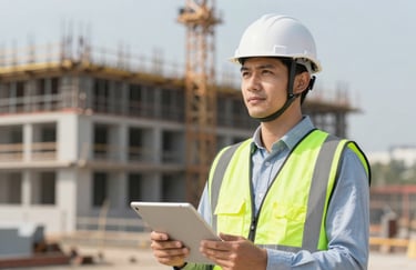 A portrait of a professional civil engineer in a white hard hat and safety vest, holding a tablet and looking confidently at a construction project in the background. Modern, sharp focus, professional lighting. Includes #5C7D99 and #F5F5DC.