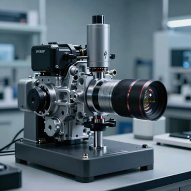 Specialized high-tech engine testing equipment in a clean Brazilian laboratory. Grey blue and dark grey tones, technical and sophisticated atmosphere.