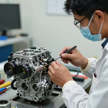 South American technician wearing protective gear assembling a complex engine part. Focus on hands and tools, clean and professional environment.
