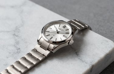 A clean, minimalist photograph of a high-end designer watch resting on a marble surface. The lighting is crisp, highlighting precision and craftsmanship in an international business setting.
