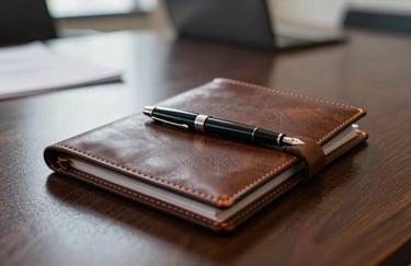 Close-up of a high-quality leather portfolio and a sleek fountain pen on a dark wood table in a professional North American / US meeting room.