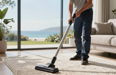An Australian professional cleaner vacuuming a plush rug in a sunlit lounge, a blurred coastal garden visible through large windows.