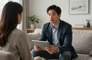 A photography shot of a professional real estate expert talking to a customer in a bright, modern North American living room, holding a tablet.