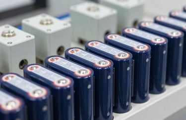 Close-up of industrial electrical components and high-quality batteries in an energy lab, sharp focus, professional lighting, reflecting clean dark blue and white tones.