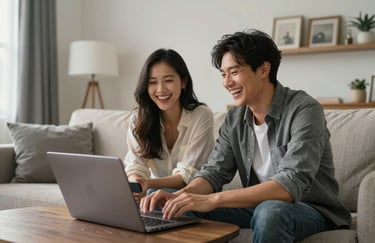 A joyful photograph of two friends in a North American / US suburban living room, laughing as they listen to a song on a laptop. The room is decorated in a sophisticated palette of off-white and charcoal gray.