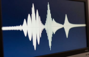 A close-up, sharp photograph of a high-tech sound wave visualization on a screen, glowing with midnight blue and off-white light. The style is innovative and futuristic, captured in a North American / US tech lab setting.
