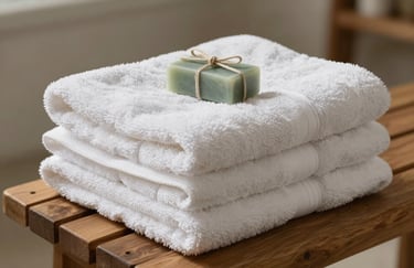 Close-up of a stack of fluffy, freshly laundered soft white towels on a wooden bench. A small decorative soap bar in sage green packaging sits on top. The background is softly blurred, conveying a sense of luxury and attention to detail.