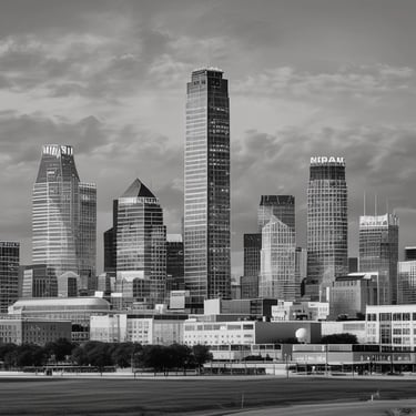 Black and white skyline view of modern urban skyscrapers and city buildings under a cloudy sky.