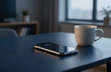 A cozy home office in a North American / US apartment, a sleek smartphone resting on a desk next to a coffee mug, warm evening lighting, dark navy blue and soft sky blue tones, photography.