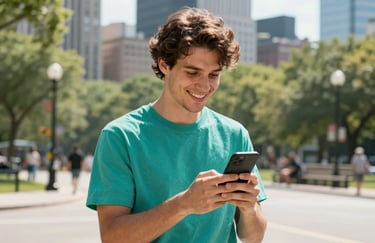 A smiling individual in a North American / US city park, checking their phone with ease, bright daylight, vibrant teal clothing, approachable and user-centric mood, photography.