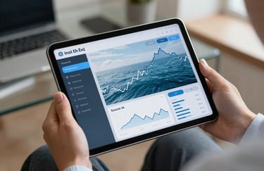 A sleek digital tablet displaying a modern financial interface with ocean blue accents, held by a person in a professional environment.