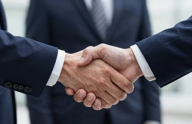 A close-up of a professional handshake between two people in dark navy suits, symbolizing a solid partnership and financial trust.