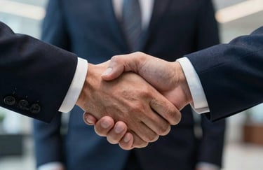 A macro shot of a firm professional handshake between two executives in a formal European / French corporate lobby with dark navy and mid blue lighting.