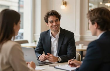 A professional business consultant in a high-end European / French cafe-style office, smiling during a collaborative discussion, natural lighting with soft off-white tones.