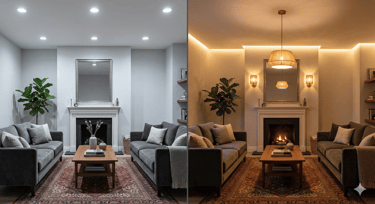 Comparação da iluminação de uma sala de estar mostrando luzes frias versus iluminação quente