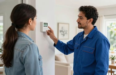A friendly HVAC technician in a professional uniform explaining a thermostat setting to a homeowner in a bright Latin American home. Natural lighting, blue and white palette.