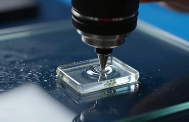 Macro photography of clear, high-grade resin being applied to a glass surface, professional lighting with Deep Navy and Sky Blue accents.