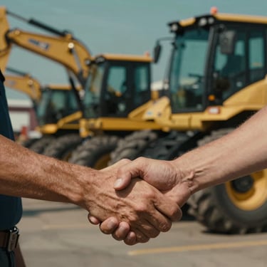 A close-up of two professionals shaking hands in front of a heavy machinery fleet. North American setting. Deep amber and dark blue-green accents in the background.