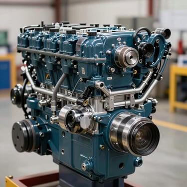 A detailed macro photograph of a clean, well-maintained heavy machinery engine, showing robust components. Deep blue-green and silver metallic tones. Professional technical photography in a US facility.