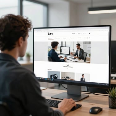 A professional designer focused on a large screen displaying a modern website layout in a bright office in Lot, France, with clean aesthetic.