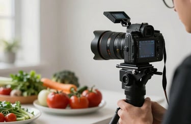 Behind-the-scenes photography of a digital marketing agency session. A high-end camera is focused on a plate of fresh produce in a bright North American / European studio space.
