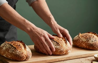 Photography of a content creator's hands arranging artisanal bread on a wooden surface for a social media shoot. Soft side-lighting highlights the texture of the crust against a matte forest green backdrop.