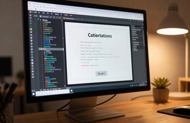 Close-up of a high-resolution computer screen showing professional software code and a digital certificate, with a warm amber-colored light reflecting on a desk in a modern North American home office.