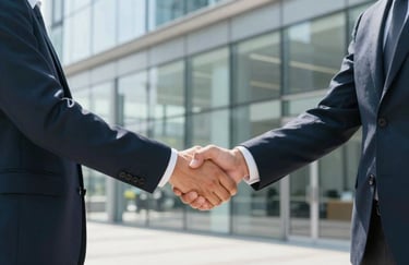 A professional handshake between two people in a modern, glass-walled office, symbolizing a successful job placement. Clean composition, bright North American daylight, professional attire.