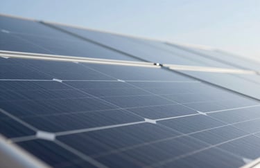 Close-up of a high-quality solar panel surface reflecting the blue sky, highlighting the premium texture and build quality Geetecky provides. Colors include #0F1D2C and crystalline textures.