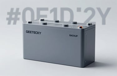Clean, studio-lit photo of high-capacity lithium-ion battery storage units used for Geetecky backup systems, emphasizing reliability and modern technology. Background contains subtle #0F1D2C branding.