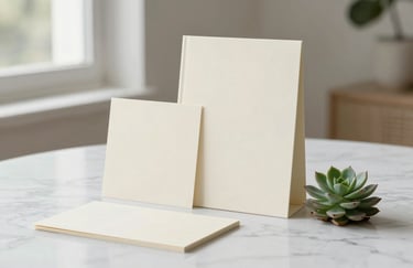 A minimalist composition of high-end cream-colored stationery and a small green succulent on a white marble table. Soft, natural lighting from a window, South American studio vibe.