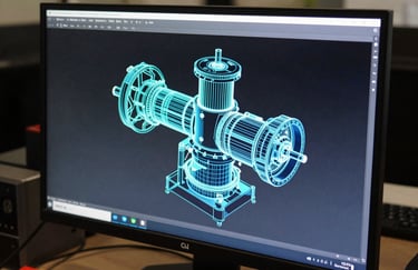 Close-up of a high-performance workstation screen in a darkened room, displaying intricate 3D CAD models of industrial machinery with cyan and blue glowing lines. Latin American / Spanish-speaking engineering office context.