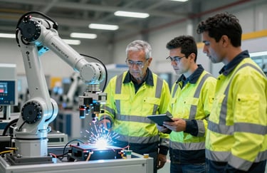 Professional team of engineers in high-visibility gear standing in front of a robotic welding cell, discussing technical specs. The lighting is crisp with cyan and white highlights, set in a modern Latin American / Spanish-speaking automotive plant.