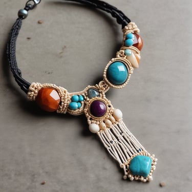 Collar llamativo de macramé hecho a mano con piedras preciosas turquesa, cornalina y moradas