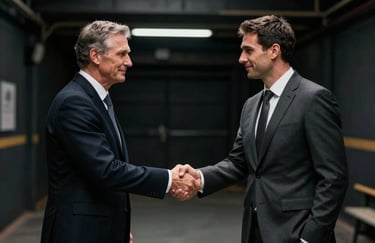 A powerful handshake between a suit-clad agent and an athlete in a stadium tunnel, moody lighting, deep black environment.