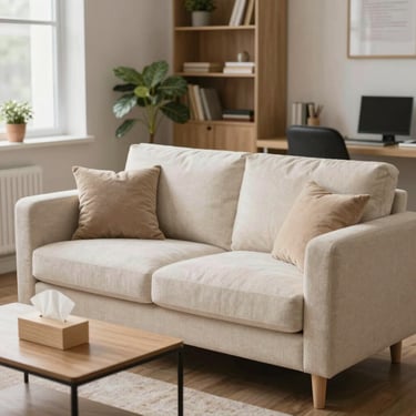 Modern grey fabric sofa with blue pillows and a wooden tripod floor lamp in a sunlit living room.