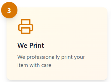 Professional printing service icon with printer graphic and text explaining care in printing items.
