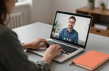 A close-up of a professional in a modern North American / US home office using a laptop for a video call, modern medium grey desk surface, bright coral orange notebook nearby.