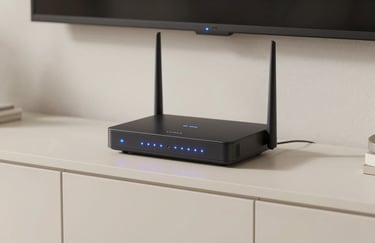 A sleek, modern internet router with glowing blue lights sitting on a minimalist soft off-white shelf in a North American / US apartment.