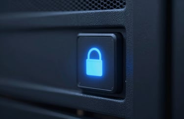 A precise macro photograph of a secure server status light, showing a soft blue glow against a dark #1A2E3D background. The composition is clean and minimalist, representing system security.