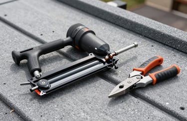 A detail-oriented photograph of professional roofing tools, including a pneumatic nailer and specialized cutters, laid out neatly on a roofing deck, North American / New York City.