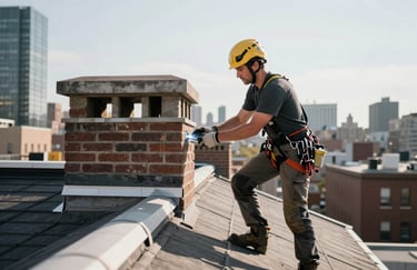 A photograph of a professional roofer in safety gear carefully inspecting the flashing around a chimney on a modern rooftop, North American / New York City.