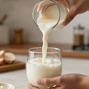 A close-up of hands pouring thick, creamy white kefir into a glass, captured in a bright Jalisco kitchen, warm and welcoming lighting.