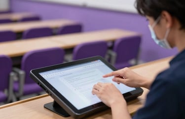 A sharp photograph of a high-resolution touchscreen being operated by a student in a modern North American lecture hall with purple ambient light.