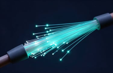 A macro photograph of high-speed fiber optic cables glowing with electric cyan light against a dark navy background, symbolizing rapid data transfer and smart connectivity.