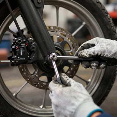 Close-up of a mechanic's gloved hands using a precision torque wrench on a motorcycle wheel. Authentic South American / Brazilian workshop setting, professional feel.